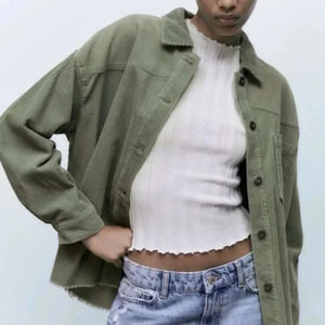 Zara Corduroy Overshirt Pocket Jacket Shacket Frayed Hem in olive green sz XS